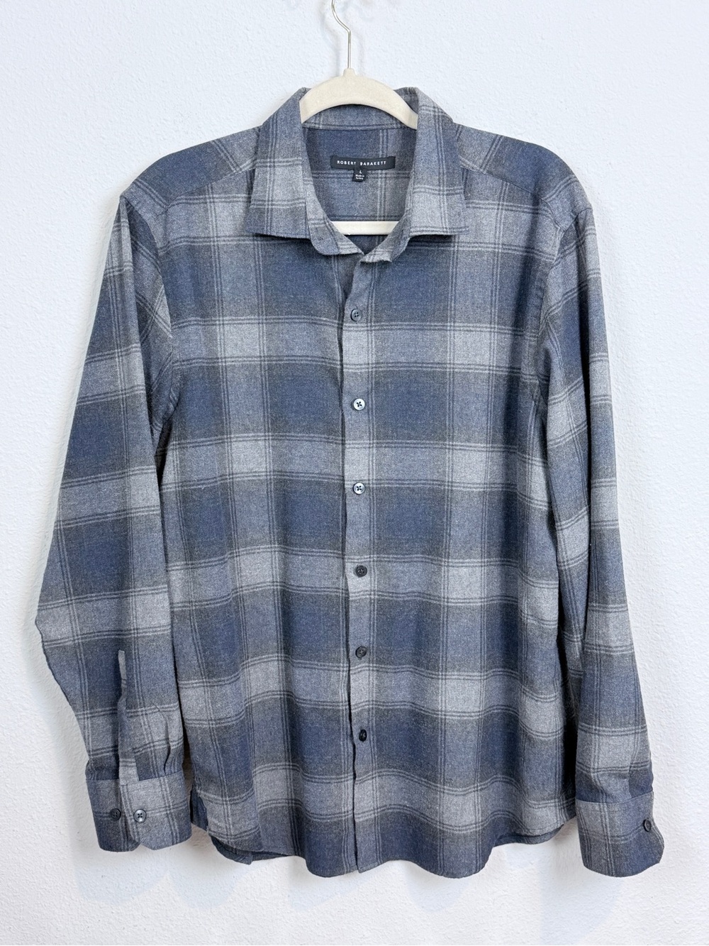 Robert Barakett Blue Gray Plaid Flannel Button-Down Shirt L